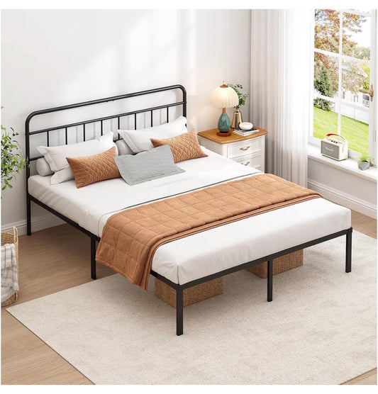 Queen Bed Frame with Classic Headboard, Strong Metal Slats Support, Under Bed Storage Space, No Box Spring Needed, Easy to Assemble (Black) (New in Box)