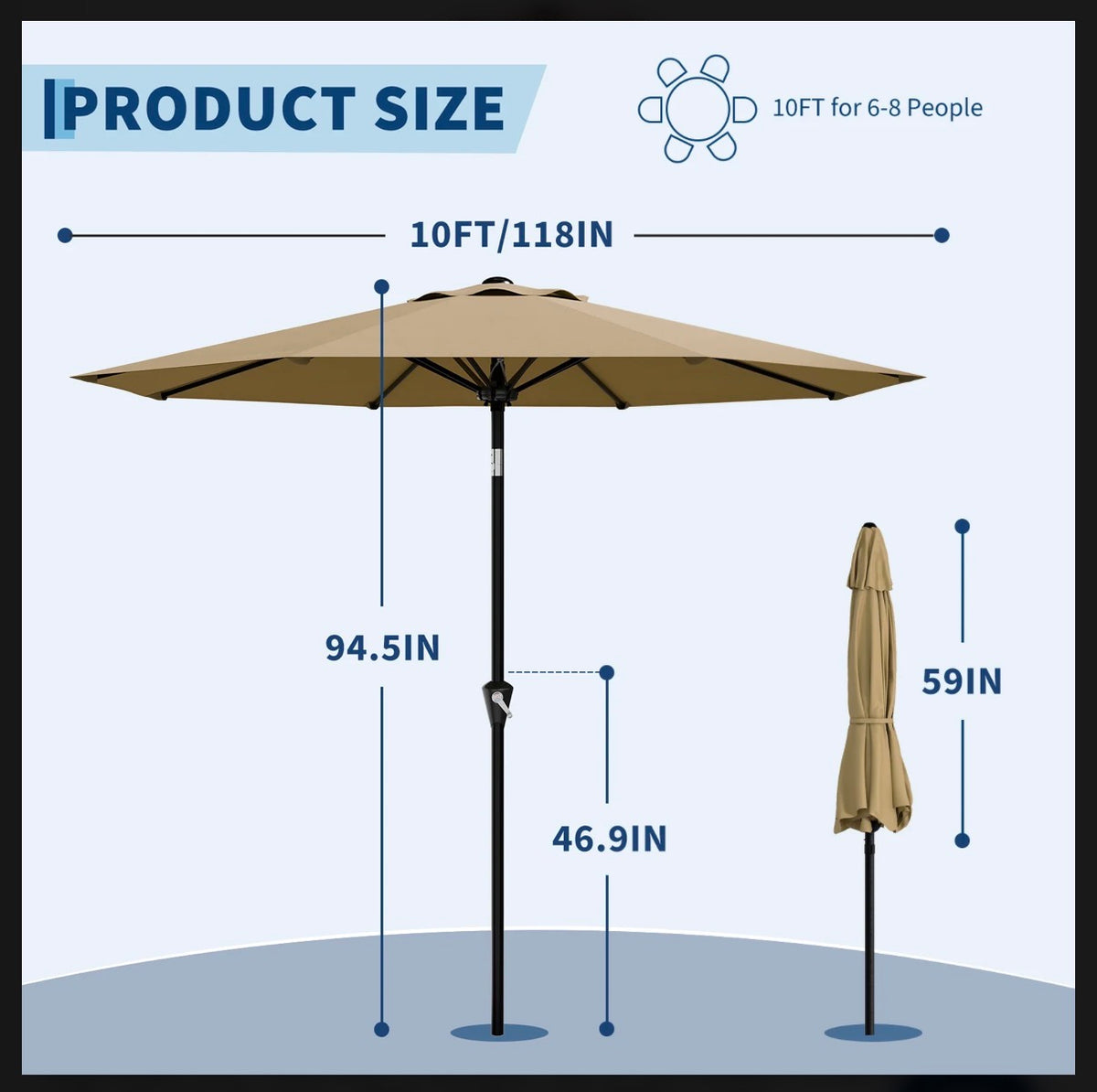Garvee 10 Ft. Khaki Tan Outdoor Patio Umbrella Waterproof Market Parasol with Smooth Crank Lift, Push Button Tilt, 8 Sturdy Ribs, UV Protection-Ideal for Garden, Pool, Deck, or Yard (New in Box)