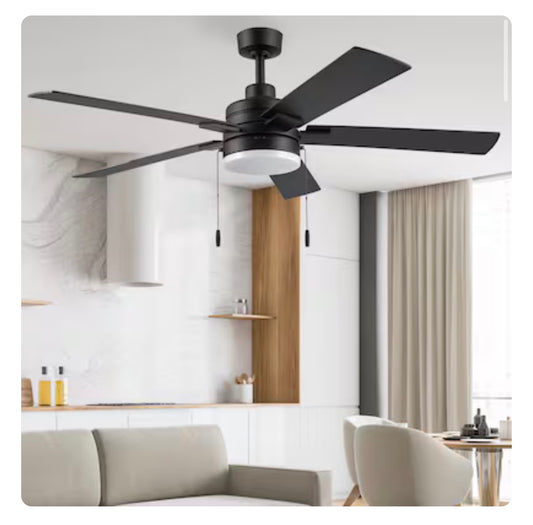 Harbor Breeze Wrighsville Easy to Hang 52 Inch Matte Black with Black/Jacobean Blades LED Ceiling Fan with Light and Pull Chain Included 5 Blades