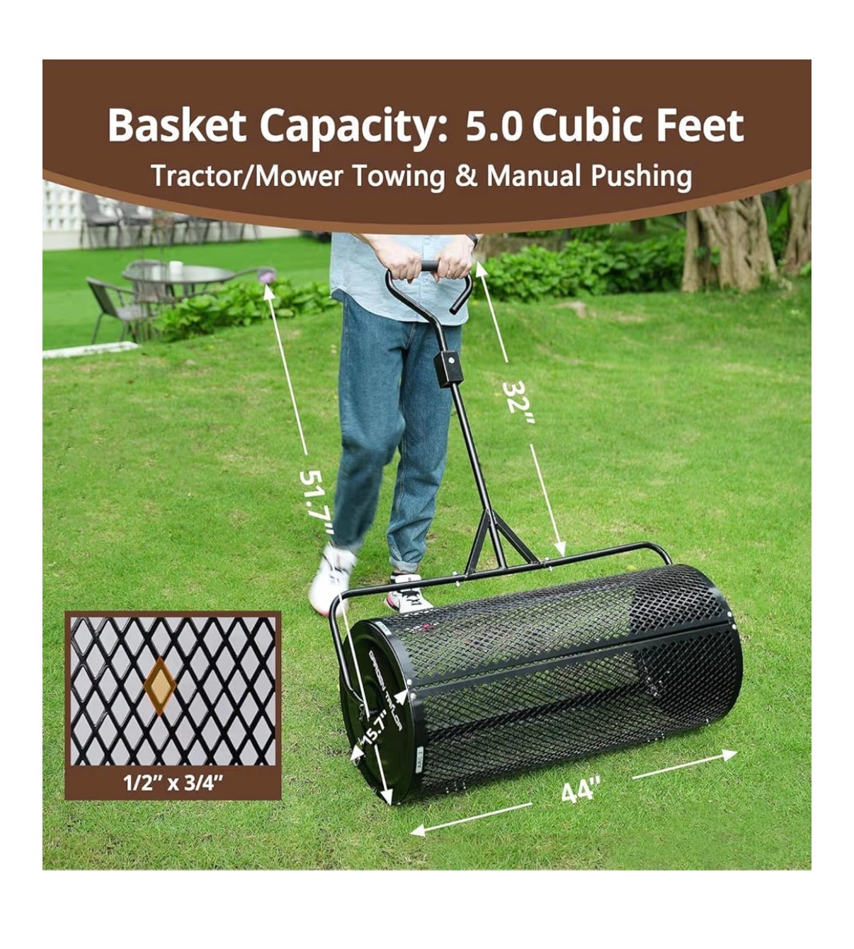 Compost Spreader 44 Inch Towable Peat Moss Spreader with Installation Accessories, Metal Mesh Roller Lawn Spreader for Top Soil, Manure, Mulch, Top Dressing-Garden Spreaders for Lawns