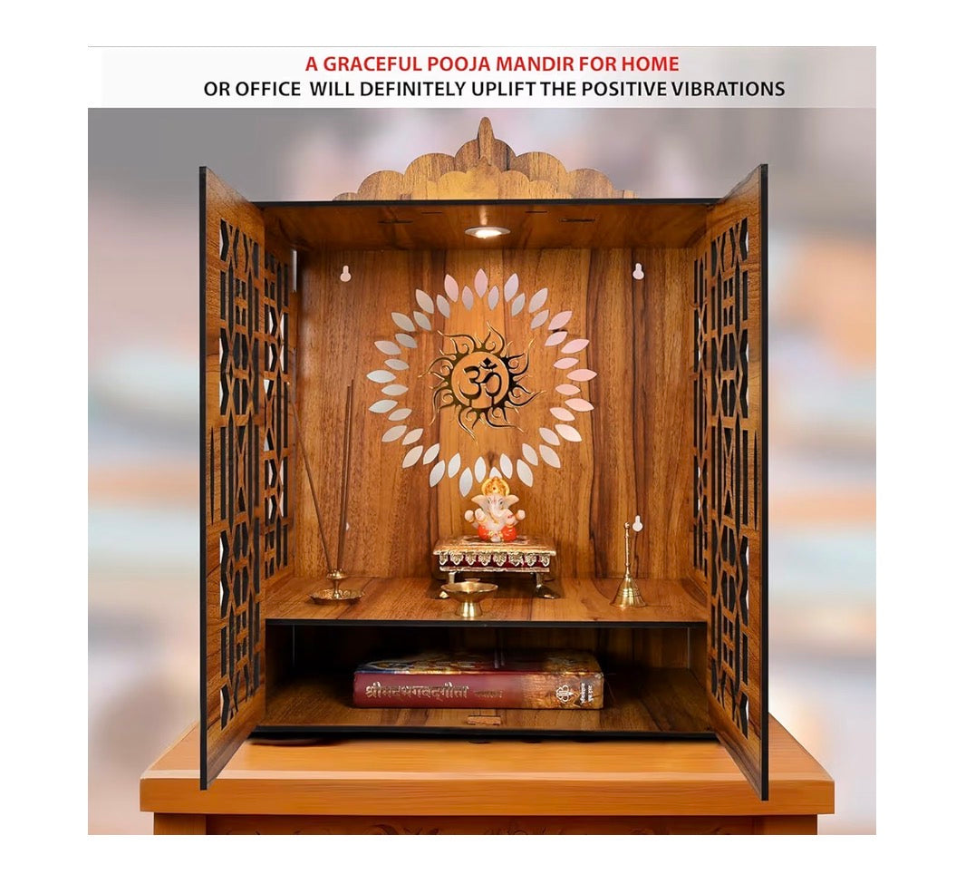 Indian Religious Wooden Temple for Poojaghar, Assembly Required, Mandir Unit with Storage Space, LED Lights and Wall Mount