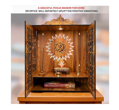 Indian Religious Wooden Temple for Poojaghar, Assembly Required, Mandir Unit with Storage Space, LED Lights and Wall Mount