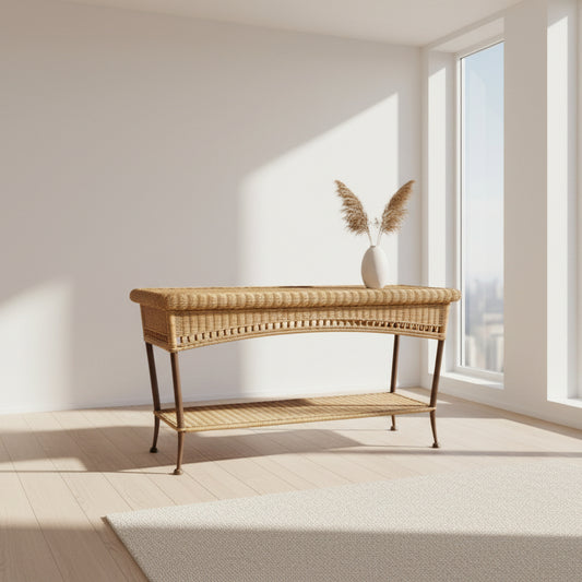 Vintage two-tier Wicker and Rattan Console Table.