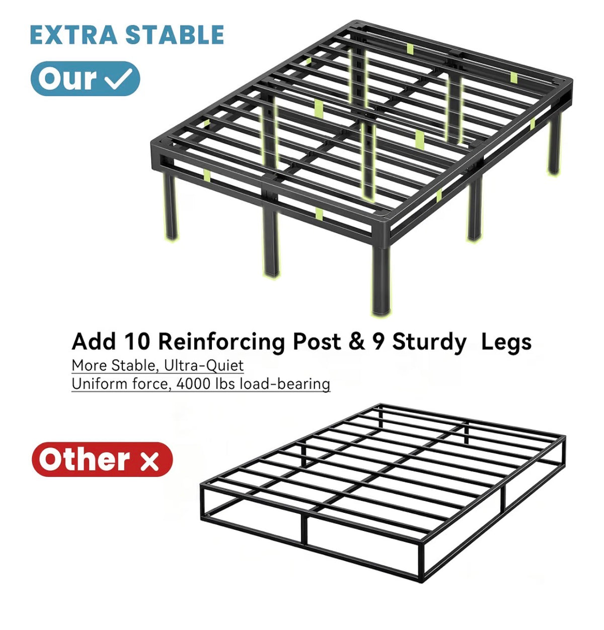 18 Inch Full All-in-One Box Spring, Metal Mattress Foundation with 9 Legs Heavy Duty 400 Lbs Capacity, Rounded Edges & Recessed Legs, Fabric Cover, Noise Free, Easy Assembly, Under-Bed Storage (New in Box)