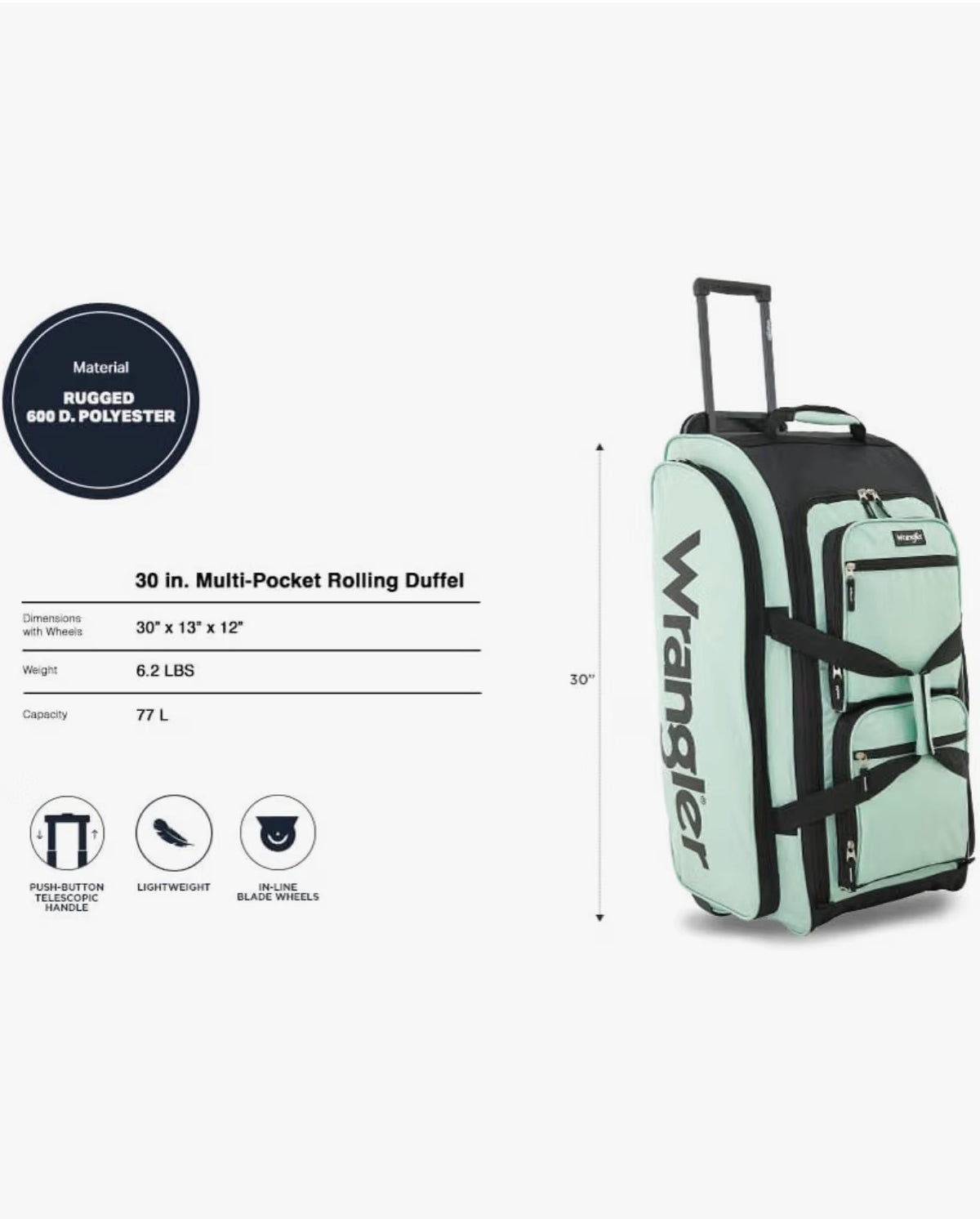 Wrangler Wesley Rolling Duffel Bag, Large 30 Inch (Seafoam) (New in Package)