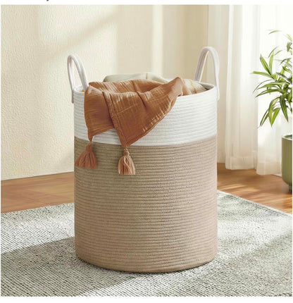 SONGMICS Laundry Hamper, Cotton Rope Laundry Basket with Handles (White/Brown) (New)