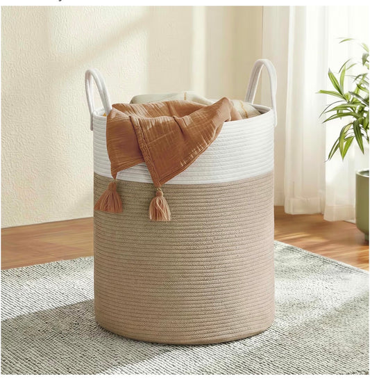 SONGMICS Laundry Hamper, Cotton Rope Laundry Basket with Handles (White/Brown) (New)