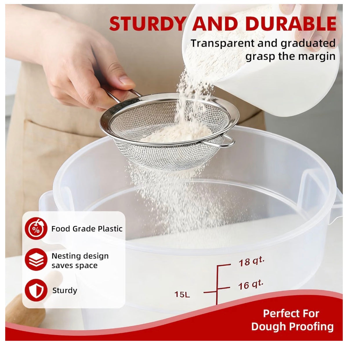 2 Pack Food Storage Container with Lid, 16 Quart Commercial Storage Box with Scale & Handle, Cake Making, Dough, Marinating Meat, Kitchen Supplies Round 16 Quart (New in Box)