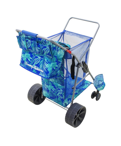Tommy Bahana Wonder Wheeler Deluxe Folding Beach Cart Holds Up to 48 Qt. Cooler and 4 Chairs, One Handed Setup, 10 in Tread Wheels, Umbrella Holder, Removable Shoulder Tote (Blue) (New in Box)