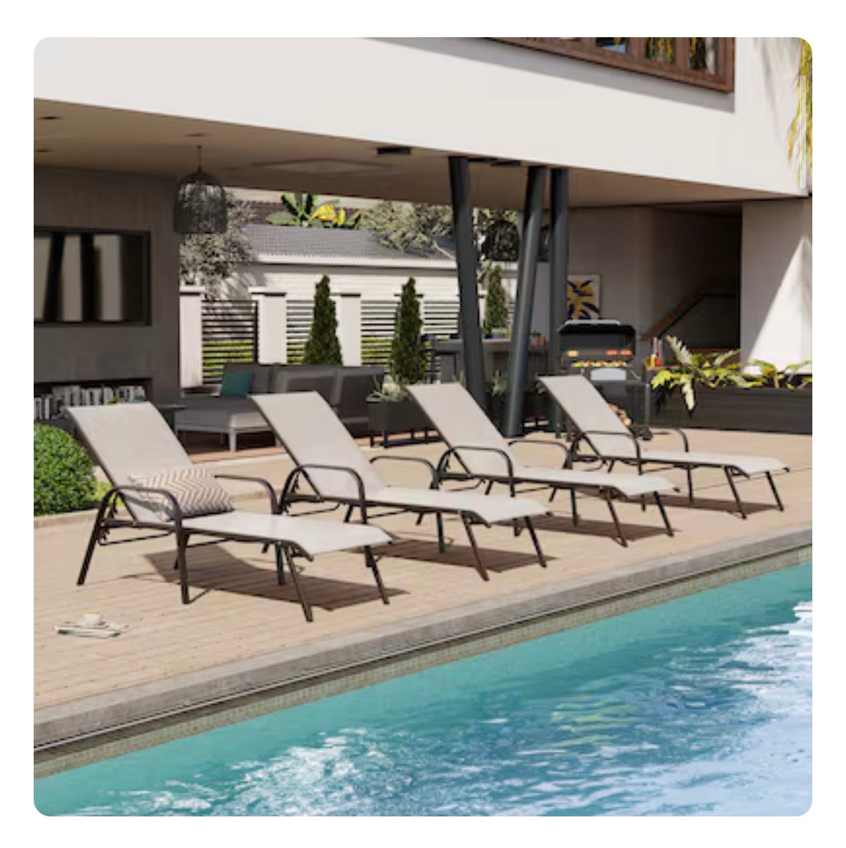Crestlive Products Set of 2 Stackable Brown Steel Frame Stationary Chaise Lounge Chair with Beige Textilene Mesh Seat
