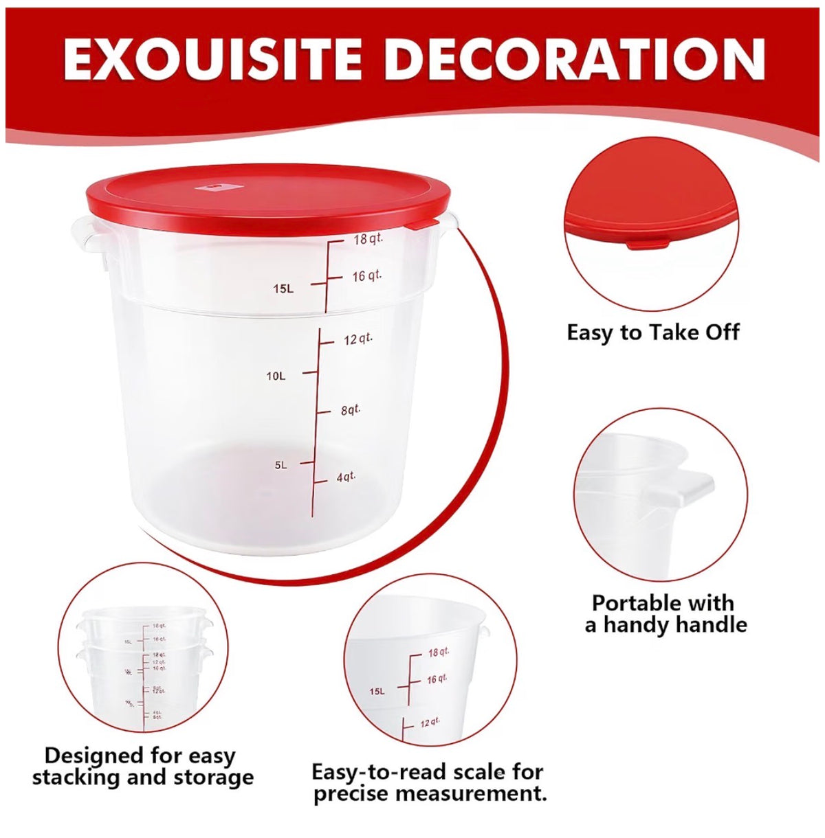 2 Pack Food Storage Container with Lid, 16 Quart Commercial Storage Box with Scale & Handle, Cake Making, Dough, Marinating Meat, Kitchen Supplies Round 16 Quart (New in Box)