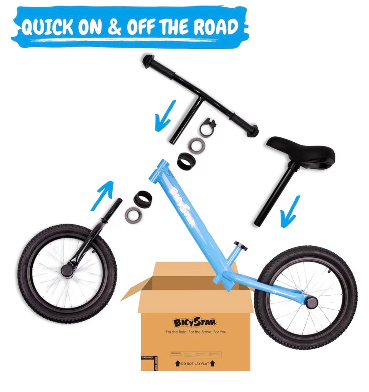 Bicystar 16 Inch Kids Balance Bike for 5-8 Year Olds, No Pedals, Air Tires, Footrests, Adjustable Height (Blue) (New in Box)
