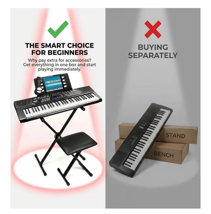 RockJam 61 Key Keyboard Piano Kit with Stand, Bench & Headphones Beginner Electric Keyboard Piano Set with Pitch Bend, LED Panel, Simply Piano Lessons and Note Stickers, All Included (New in Box)