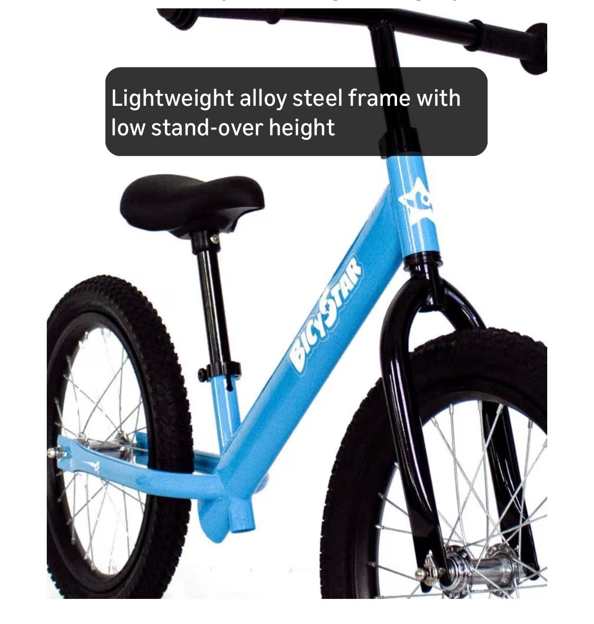 Bicystar 16 Inch Kids Balance Bike for 5-8 Year Olds, No Pedals, Air Tires, Footrests, Adjustable Height (Blue) (New in Box)