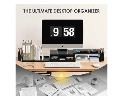 Desk Organizers and Accessories, Dual Monitor Stand Riser with Drawer and 2 Pen Holders, Desk Shelf Computer Racks & Printer Stand for Office Workspace Organizers, Desktop Organization (Black) (new in Box)