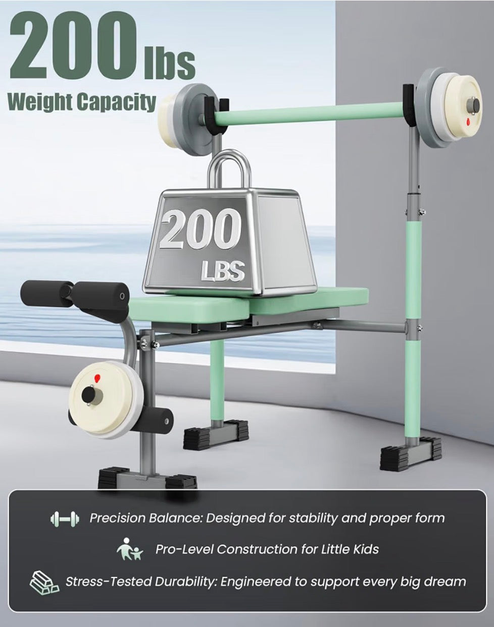 Heypappy Kids Workout Equipment - adjustable kids workout  bench with preacher pad & leg developer, fillable weight plates for home gym fitness  & exercise