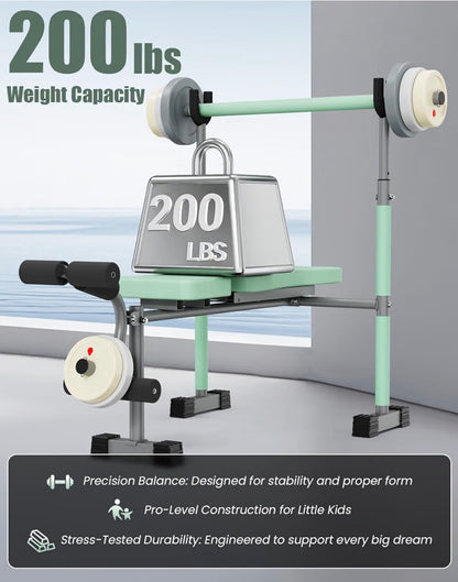 Heypappy Kids Workout Equipment - adjustable kids workout  bench with preacher pad & leg developer, fillable weight plates for home gym fitness  & exercise