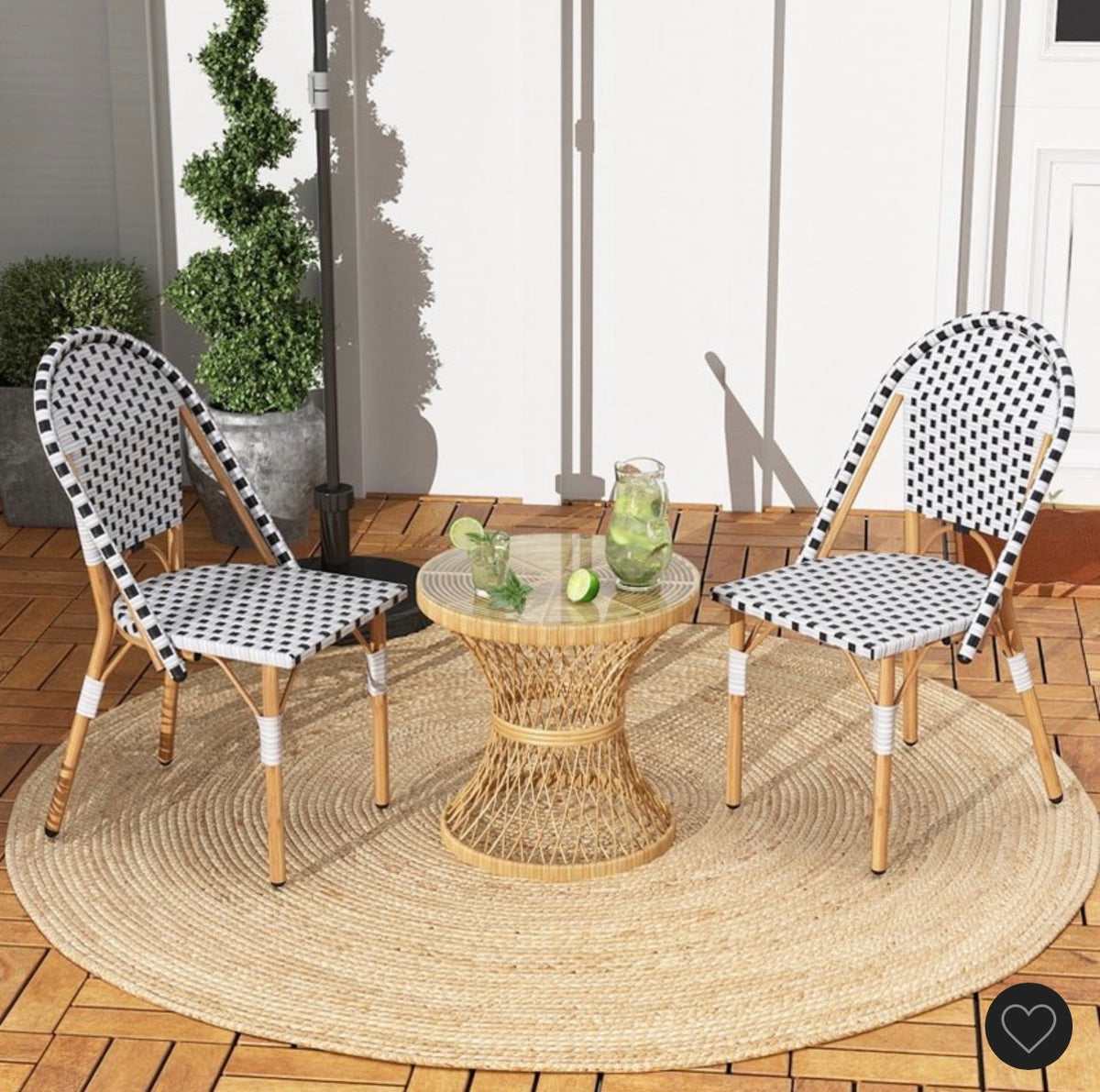 Costway Set of 2 French Bistro Chairs, Outdoor Armless Dining Chairs with Handwoven Rattan and Galvanized Metal Frame (Black/White) (New in Box)