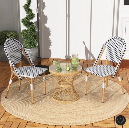 Costway Set of 2 French Bistro Chairs, Outdoor Armless Dining Chairs with Handwoven Rattan and Galvanized Metal Frame (Black/White) (New in Box)