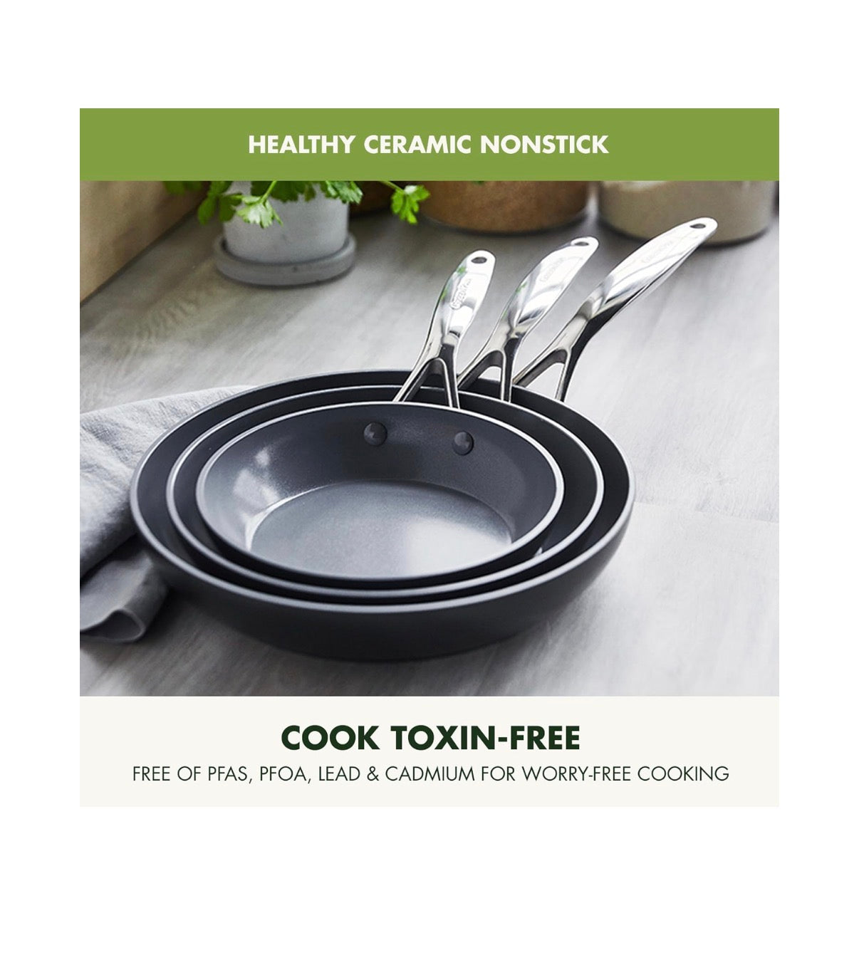 GreenPan Valencia Pro 3 Piece 8 Inch, 9.5 Inch and 11 Inch Ceramic Nonstick Skillet Set Frying Pans, PFAS-Free Nonstick, Induction Ready, All Cooktop Compatible, Hard Anodized, Dishwasher Safe and oven Safe Up to 600 Degrees Fahrenheit Safe (Gray) (New in