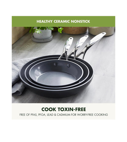 GreenPan Valencia Pro 3 Piece 8 Inch, 9.5 Inch and 11 Inch Ceramic Nonstick Skillet Set Frying Pans, PFAS-Free Nonstick, Induction Ready, All Cooktop Compatible, Hard Anodized, Dishwasher Safe and oven Safe Up to 600 Degrees Fahrenheit Safe (Gray) (New in