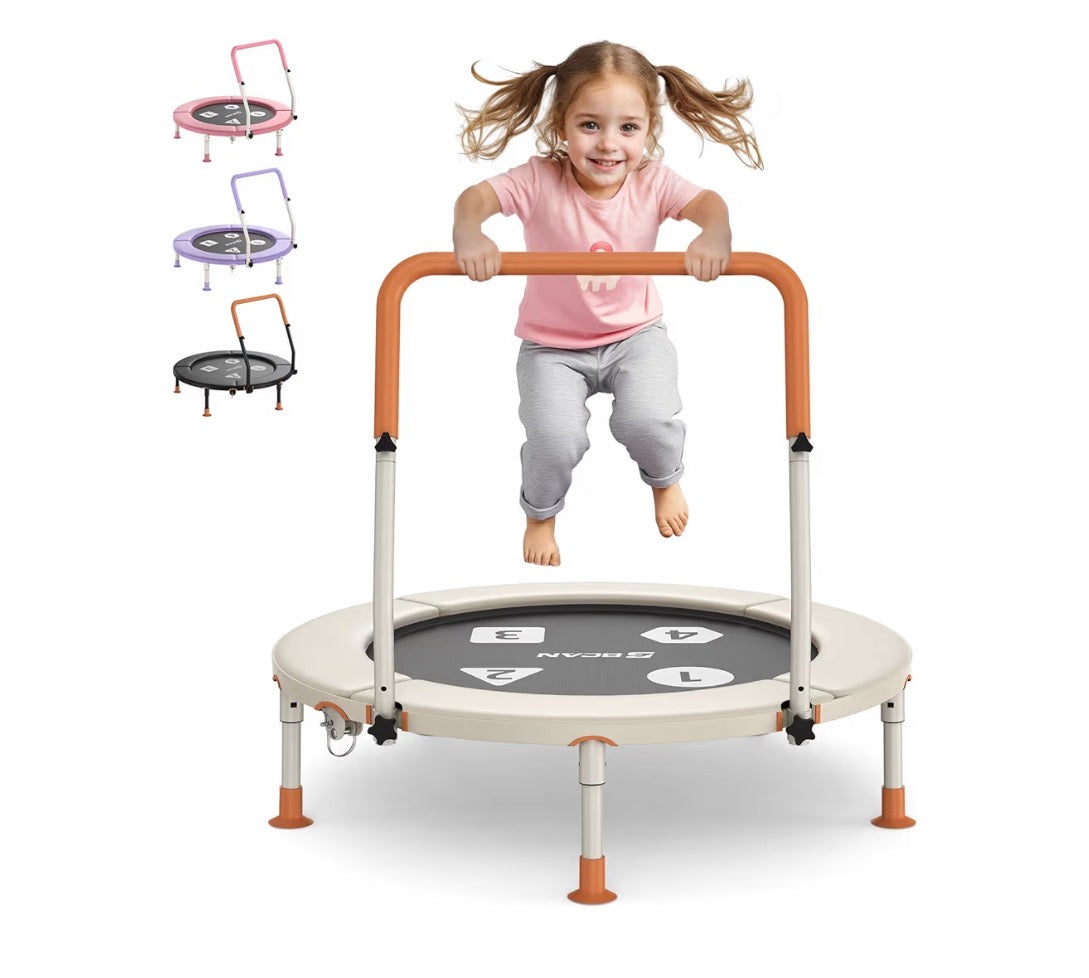 BCAN BT1 36 Inch Toddler Trampoline for Kids, Foldable Indoor Mini with Handlebar ASTM Certified Indoor Trampoline for Toddler, Baby, Adjustable Handlebar, Foldable Leg, Safety Pad Beige (New in Box)