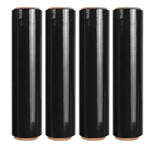 18 Inch Black Stretch Wrap Roll, Heavy Duty 18 Inch 1500 Ft. Shrink Wrap, 4 Pack Industrial Strength, 80 Gauge Stretch Film, Self Adhesive Cling, Plastic Wrap for Pallet Wrapping Shipping Moving Furniture (New in Box)