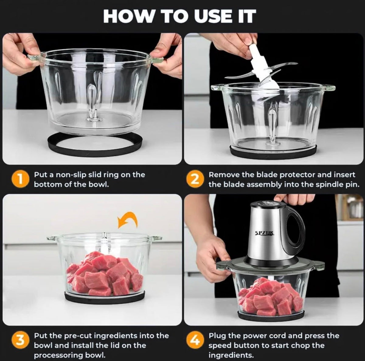 SPZTJK  3-Speed Electric Food Processor - Meat grinder, vegetable chopper and baby food maker