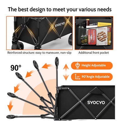 Syocyo Wagon Cart Foldable 420lbs Weight Capacity Collapsible Wagon with Big All Terrain Wheels, Heavy Duty Beach Wagon with Cup Holders for Camping, Gardening, Sports, or Groceries