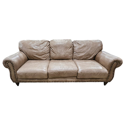 Light Brown Studded Distressed Leather Sofa