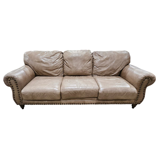 Light Brown Studded Distressed Leather Sofa