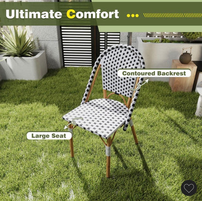 Costway Set of 2 French Bistro Chairs, Outdoor Armless Dining Chairs with Handwoven Rattan and Galvanized Metal Frame (Black/White) (New in Box)