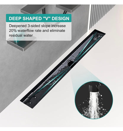 Baronage 24 Inch Linear Shower Drain, Square Grate, Matte Black V-Shaped Rapid Linear Drain, Rustproof, Hair Cather, 304 Stainless Steel Rectangle Shower Floor Drain for Bathroom (New in Box)