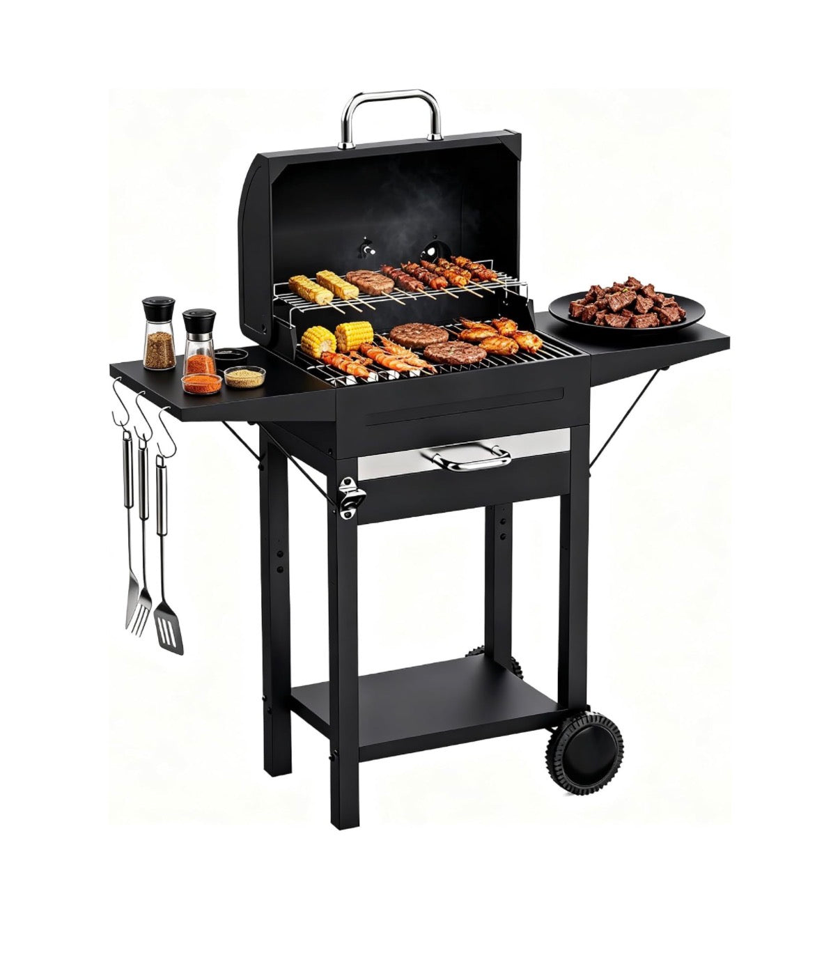 Charcoal BBQ Grill - Black with 2 side tables, charcoal tray, thermometer for backyard outdoor cooking