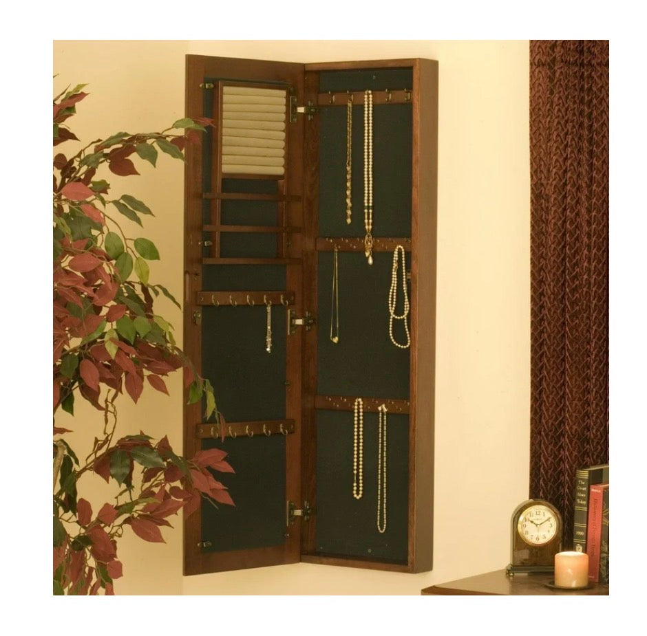 Southern Enterprises Wall Mounted Jewlery Cabinet & Mirror 14.63 Inch Width X 48.13 Inch Height (Oak) (New in Box)