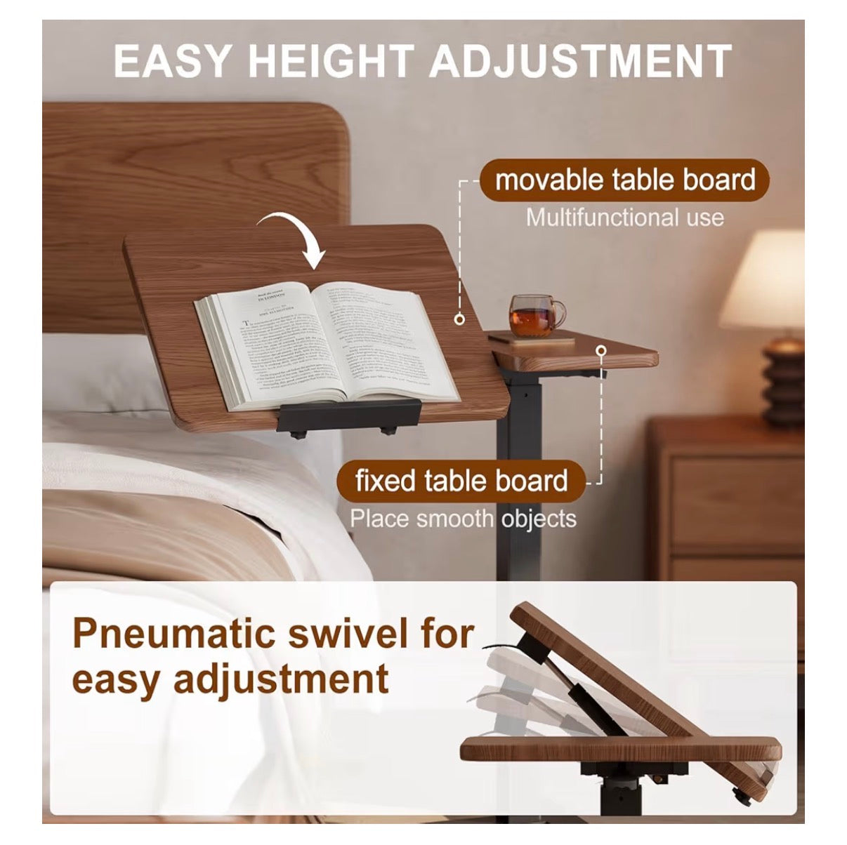 Solid Wood Overbed Bedside Table with Wheels, Tilting Adjustable Hospital Bed Table Over the Bed, Medical Mobile Laptop Stand, Rolling Standing Desk for Hospital and Home Use (Walnut Color)