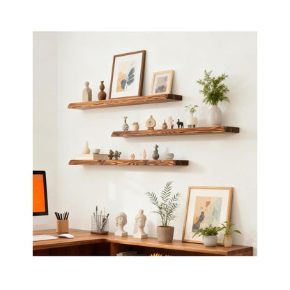 24 Inch Live Edge Floating Shelves for Wall Set of 2, Solid Finish Spruce Natural Wood Floating Shelves, Thick Rustic Edge Shelves for Bathroom, Kitchen, Living Room, Decor (Brown Finish) (New in Box)