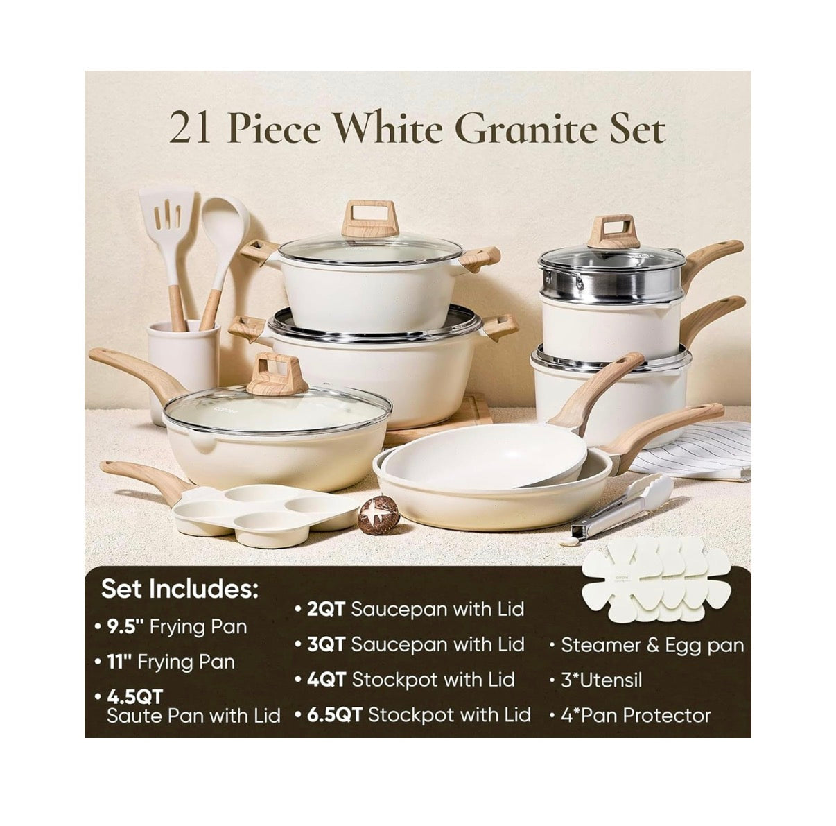 Carote 21 Piece Pots and Pan Set, Nonstick Cookware Sets, Induction Cookware Kitchen Set Nonstick Cooking Set with Frying Pans & Saucepans (Cream White) (New in Box)