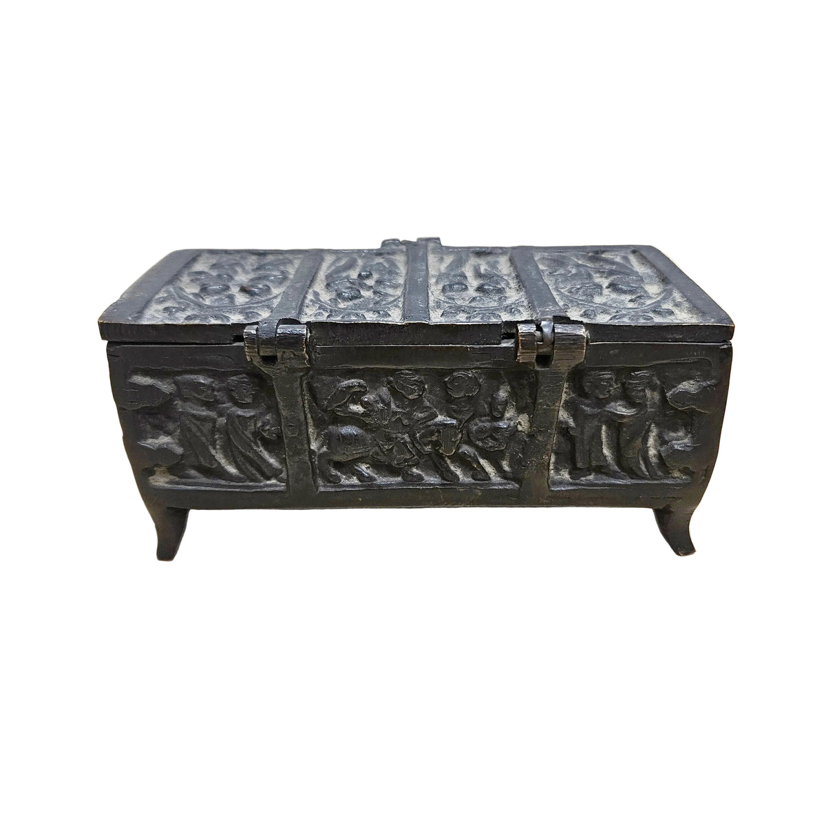 Antique Gothic Revival Solid Cast Brass Ecclesiastical Scene Medieval Art Trinket Box