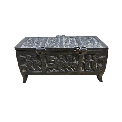 Antique Gothic Revival Solid Cast Brass Ecclesiastical Scene Medieval Art Trinket Box