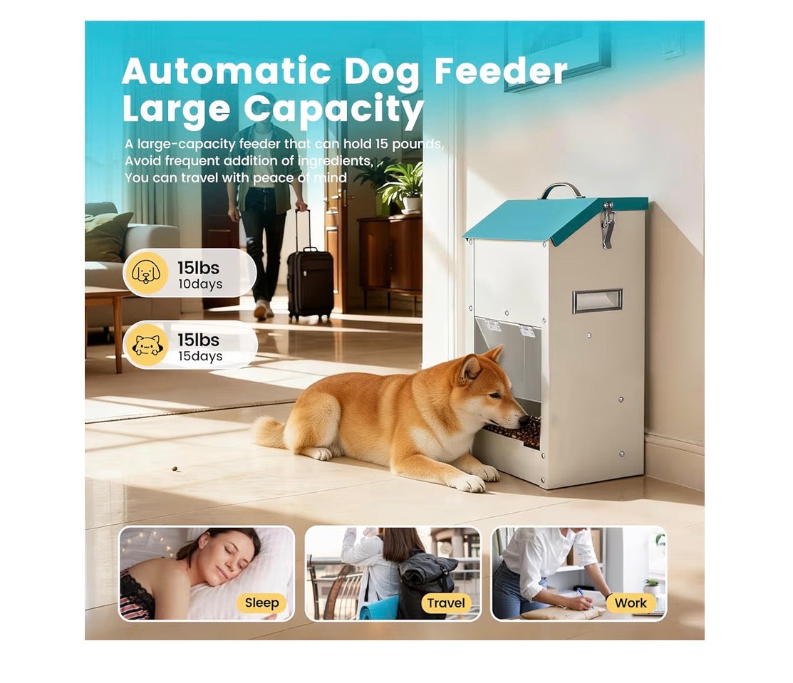 Automatic Dog Feeder Large Breed Outdoor & Indoor Galanized Dog Food Dispenser 15lbs Wall Mountable Gravity Pet FoodStation Auto Feeder Self Feeding with Clear Door for Puppy, Dog, Cat (New in Box)