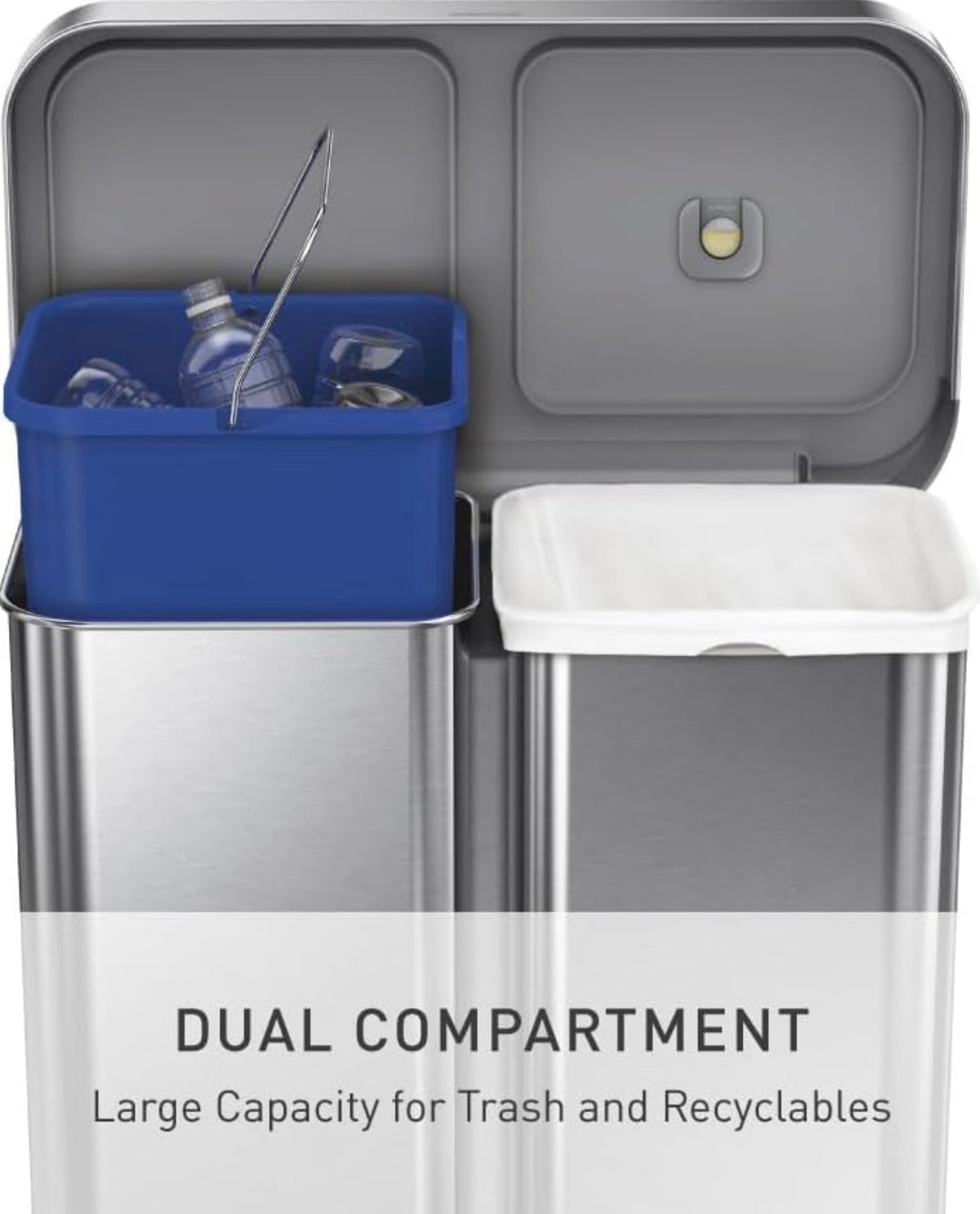 Simple human Step Recycler, 58L/15.3 Gallon Dual Compartment Kitchen Trash Can, 150,000 Step Pedal, Lid Shox Technology, Liner Rim System, Liner Pocket Brushed Stainless Steel with Plastic Lid (New in Box)