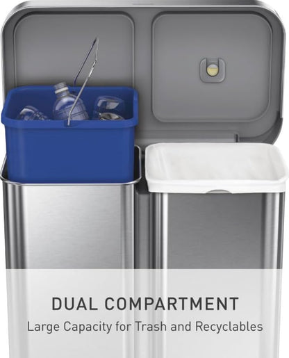 Simple human Step Recycler, 58L/15.3 Gallon Dual Compartment Kitchen Trash Can, 150,000 Step Pedal, Lid Shox Technology, Liner Rim System, Liner Pocket Brushed Stainless Steel with Plastic Lid (New in Box)