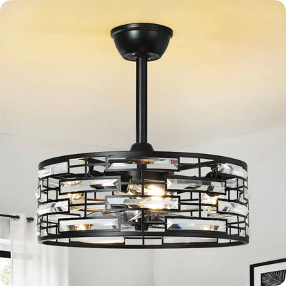 20 Inch Indoor Low-Profile Crystal Enclosed Ceiling Fan with Light 7 Blades Dc Motor Speed Reversible Remote Control (Black) (New in Box)