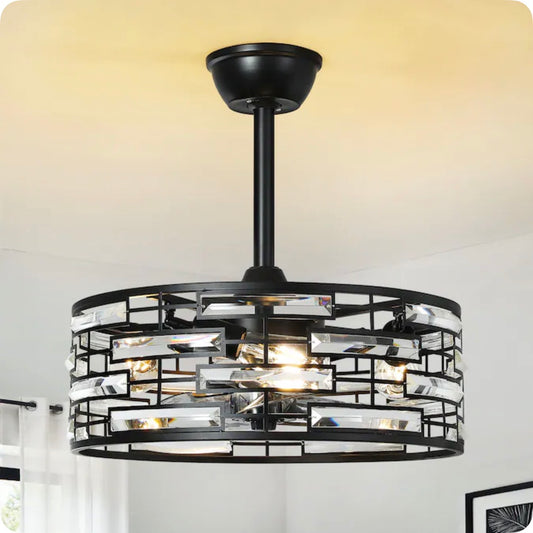 20 Inch Indoor Low-Profile Crystal Enclosed Ceiling Fan with Light 7 Blades Dc Motor Speed Reversible Remote Control (Black) (New in Box)