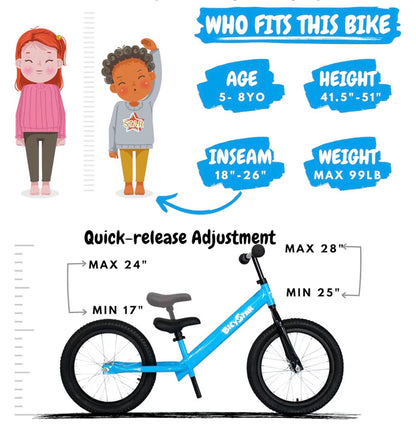 Bicystar 16 Inch Kids Balance Bike for 5-8 Year Olds, No Pedals, Air Tires, Footrests, Adjustable Height (Blue) (New in Box)