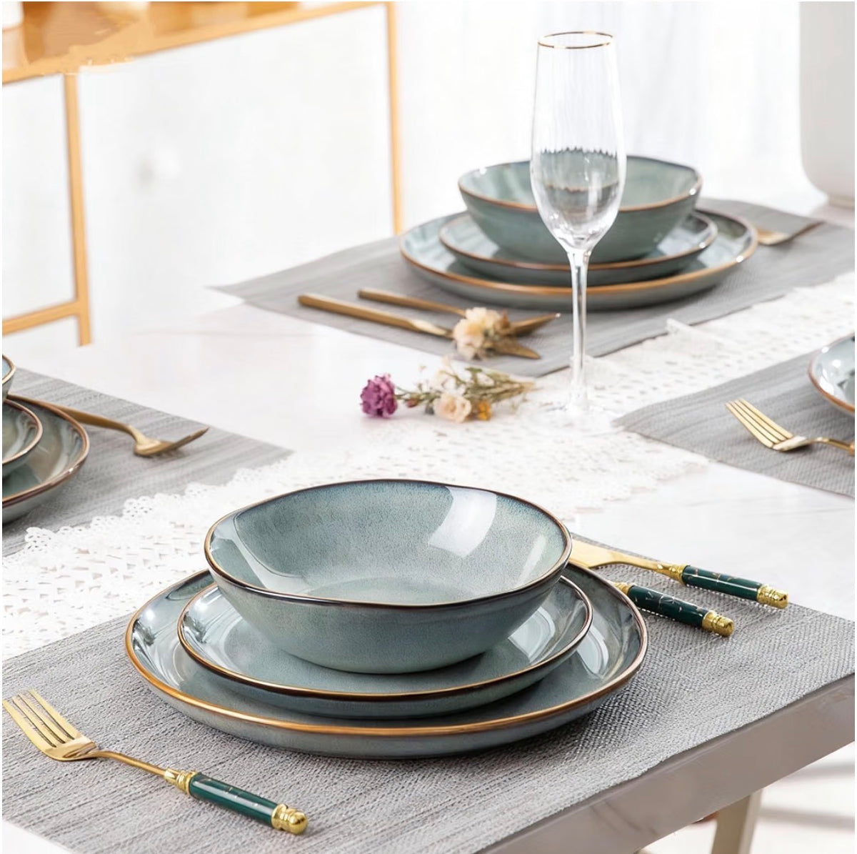 AmorArc Ceramic Dinnerware Sets for 6, 18 Pieces Plates and Bowls Set Stoneware Handmade Reactive Glaze Dinner Set, Highly Scratch Resistant Dishwasher & Microwave Safe (Ocean Color) (New in Box)