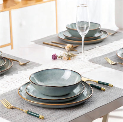 AmorArc Ceramic Dinnerware Sets for 6, 18 Pieces Plates and Bowls Set Stoneware Handmade Reactive Glaze Dinner Set, Highly Scratch Resistant Dishwasher & Microwave Safe (Ocean Color) (New in Box)