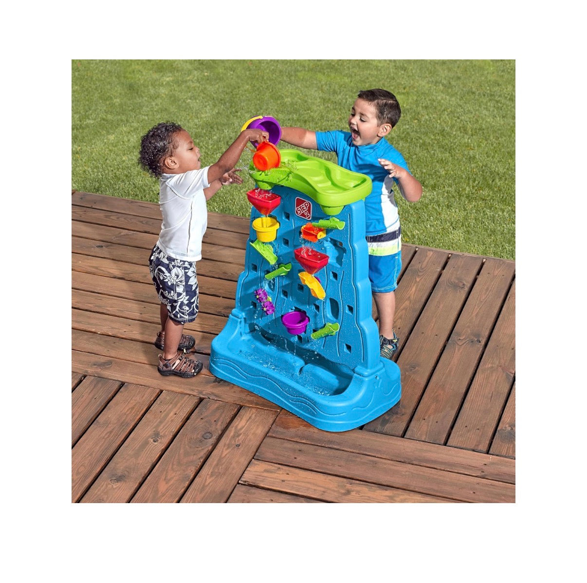 Step 2 Waterfall Discovery Wall, Kids Double Sided Water and Sand Activity Sensory Table, Summer Outdoor Toys, 13 Pieces Toy Accessories, For Toddlers 1.5 + Years Old (In Box)