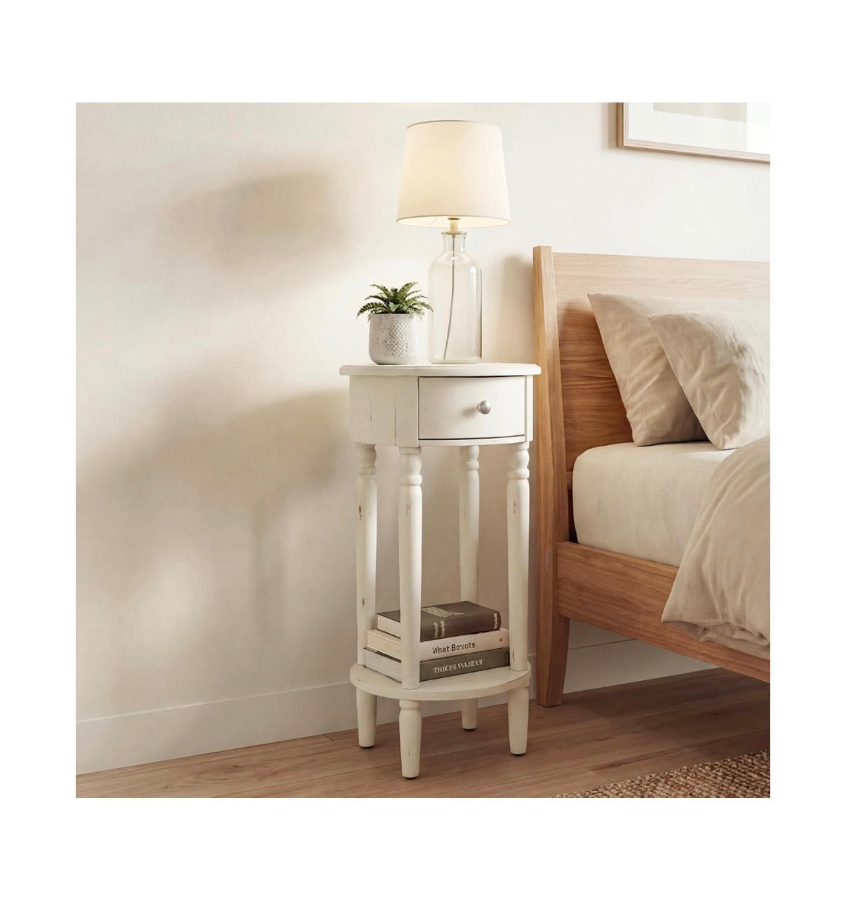 COSIEST Tall Nightstand with Drawer, Tall Side Table, 2 Tier Round End Table for Living Room, 28 Inch Accent Table for Corners (White) (New in Box)